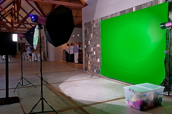 Photo booth setup at Yemen Mauritius with Green screen and box of props