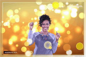Gala Animated photo with moving bubbles, green screen and gold background with model for Hotel World. Photobooth expo